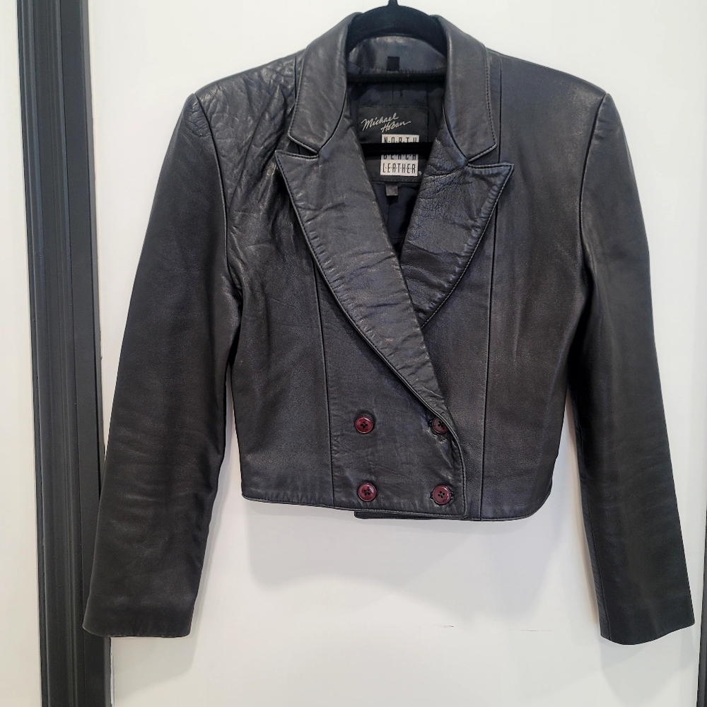 Vintage Michael Hoban North Beach Leather Cropped Jacket Shoulder Pads 80s 90s